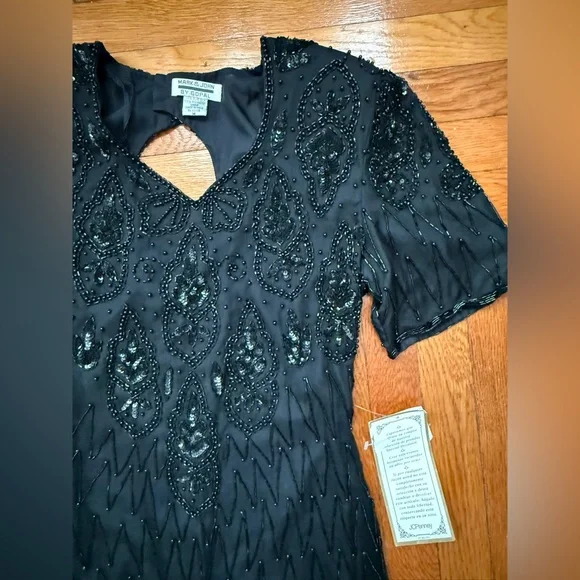 Vintage Mark & John 100% silk beaded black cocktail dress M - Picture 2 of 9
